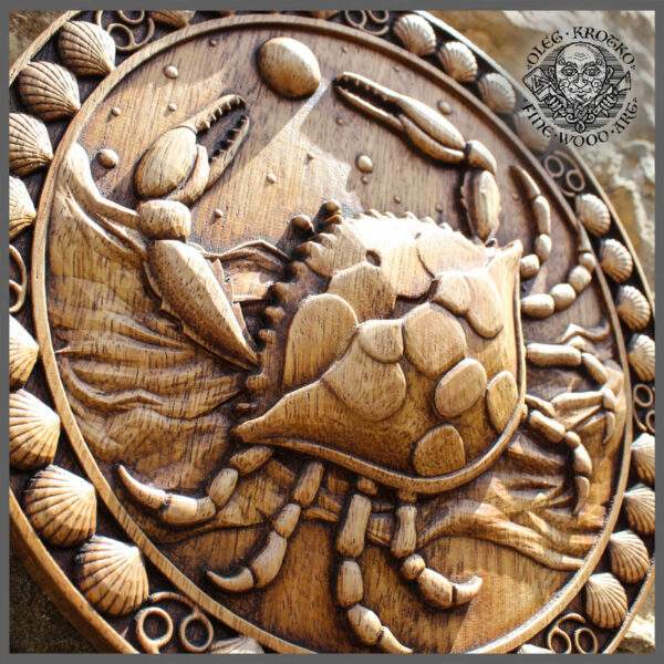 Cancer zodiac sign wood carving
