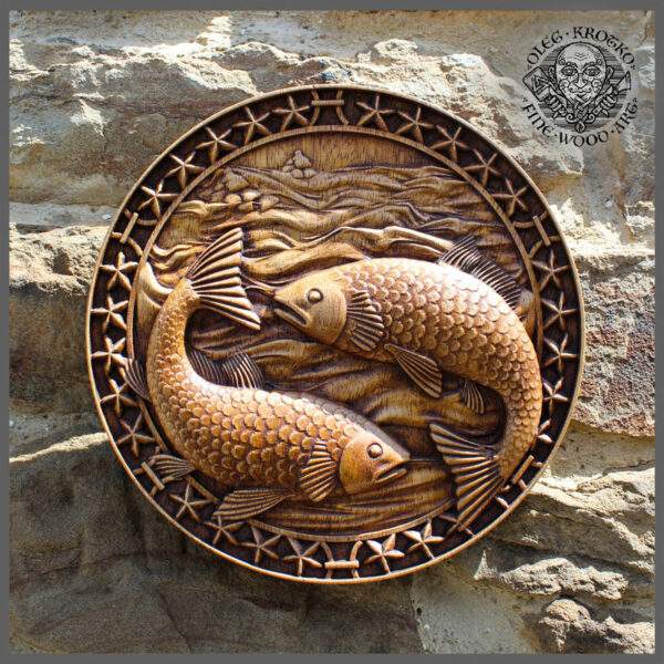 Pisces zodiac sign wood carving