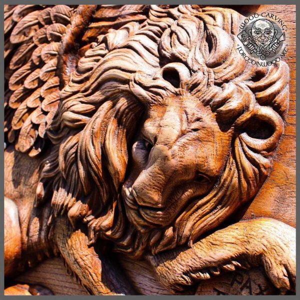 Lion Bas Relief Carved Wood Wall Hanging