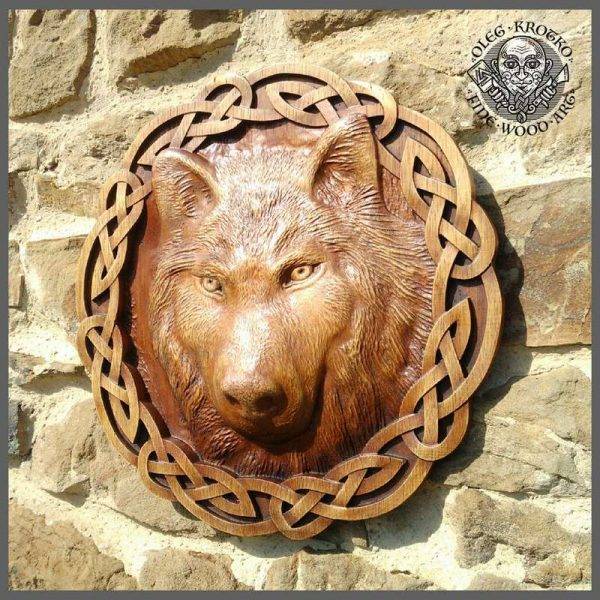 Viking wolf of odin wood carving