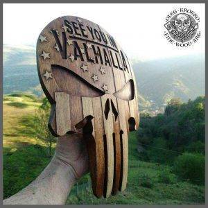 WOOD CARVED PICTURE SKULL AMERICAN VIKING FLAG