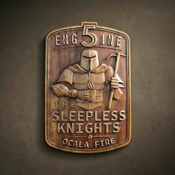 Custom hand-carved Iroko wood commemorative plaque for "Ocala Fire Engine 5". This bespoke relief features a knight in full plate armor holding a steaming mug and a halligan tool, symbolizing "The Sleepless Knights". Intricate lettering and border detailing. Finished with natural wax to accentuate the warm wood tones. A premier example of custom fire department decor, personalized service awards, and luxury wooden wall art.
