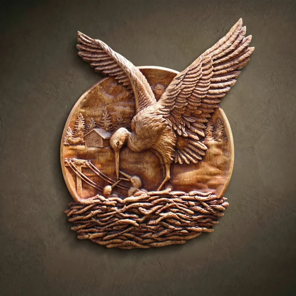 Hand Carved Iroko Wood Stork Wall Art, Rustic Wildlife Decor