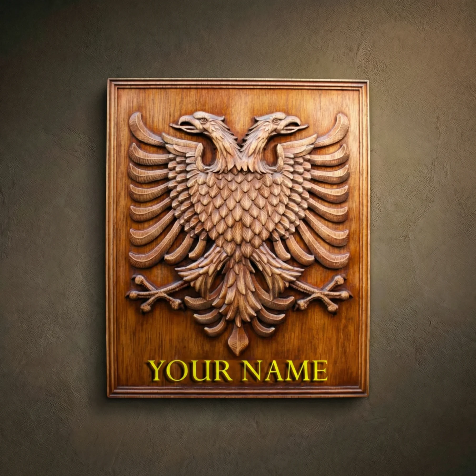 Custom hand-carved Iroko wood double-headed eagle coat of arms. This majestic heraldic relief features a highly detailed symmetrical eagle with outspread wings and sharp talons, set on a rectangular wooden plaque. The bottom area is reserved for a personalized name or inscription. Finished with natural wax to enhance the deep wood tones. A premium example of bespoke state heraldry and luxury executive office decor.