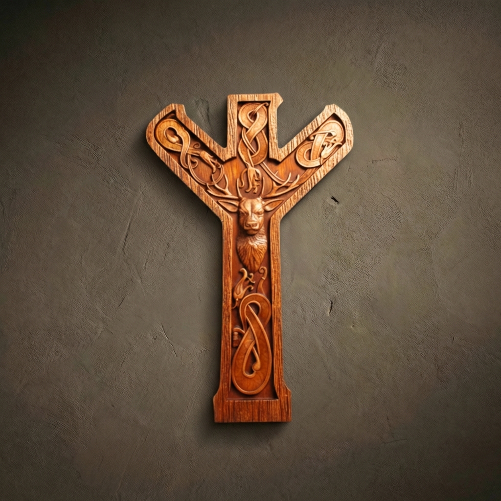 A high-end wooden wall carving in the shape of the Algiz rune, featuring a noble stag's head at the center. The rune is decorated with flowing Celtic knotwork and serpentine scrolls. Hand-carved from a single piece of wood with a warm, natural finish that highlights the artisan's detail.