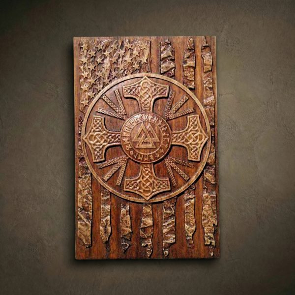 Premium hand-carved American flag wood relief featuring a central Norse solar cross with a Valknut and runic circle. This artisan-crafted wall plaque combines patriotic themes with Viking mythology, finished in a deep, weathered oak stain for a high-end, rustic look.