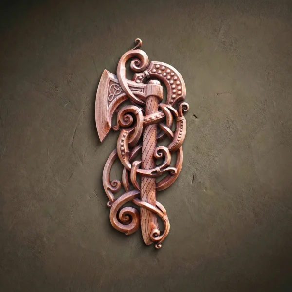 Carved Iroko Wood Viking Axe Art: Odin Walknut Norse Decor