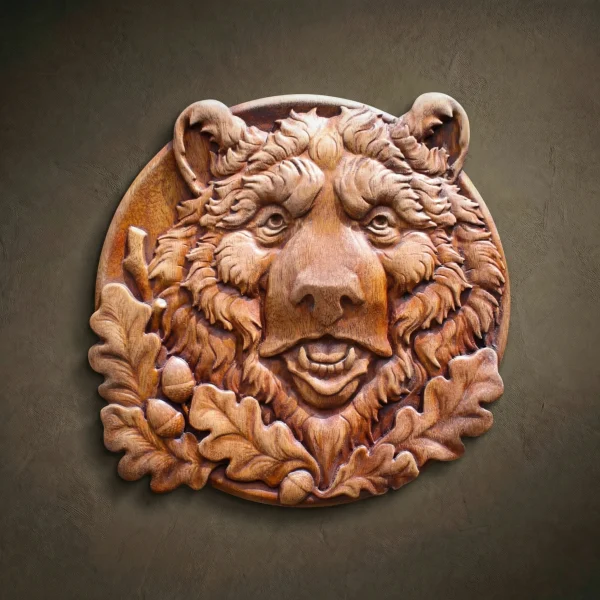 Custom hand-carved Iroko wood round relief sculpture of a Bear's head surrounded by Oak leaves. This high-detail wildlife carving features a majestic bear with an expressive face, framed by realistic oak leaves and acorns. The deep textures and intricate layers are finished with natural oil to highlight the rich, warm wood grain. A premier example of bespoke forest-themed wall art, luxury hunting decor, and custom-made animal wood carvings.