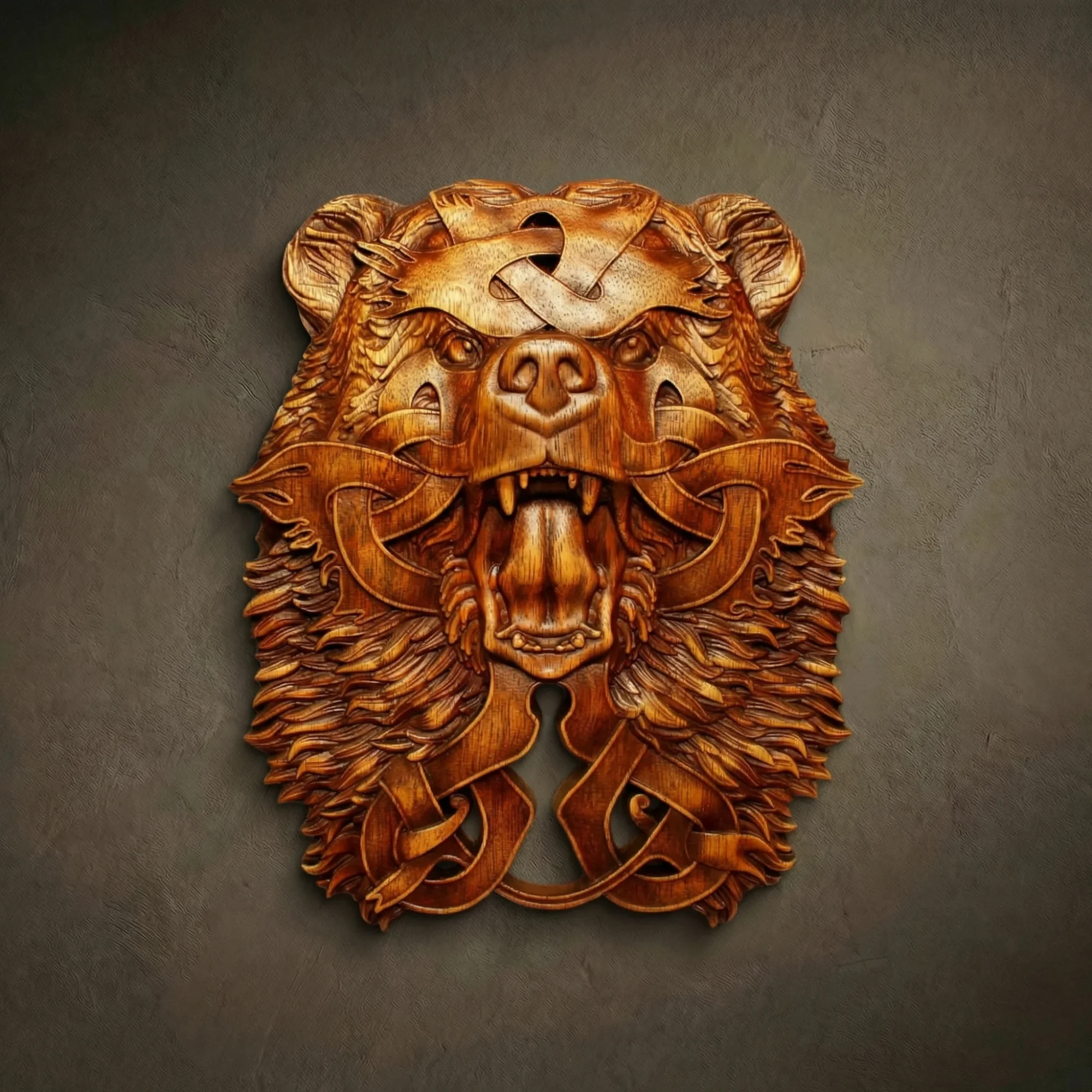 Powerful hand-carved grizzly bear wood relief by Oleg Krotko for Forged in Wood. This artisan wall sculpture features a roaring bear with complex Celtic knots woven into the fur and forehead. A premium, high-detail masterpiece for rustic luxury interiors and Norse spirit enthusiasts.
