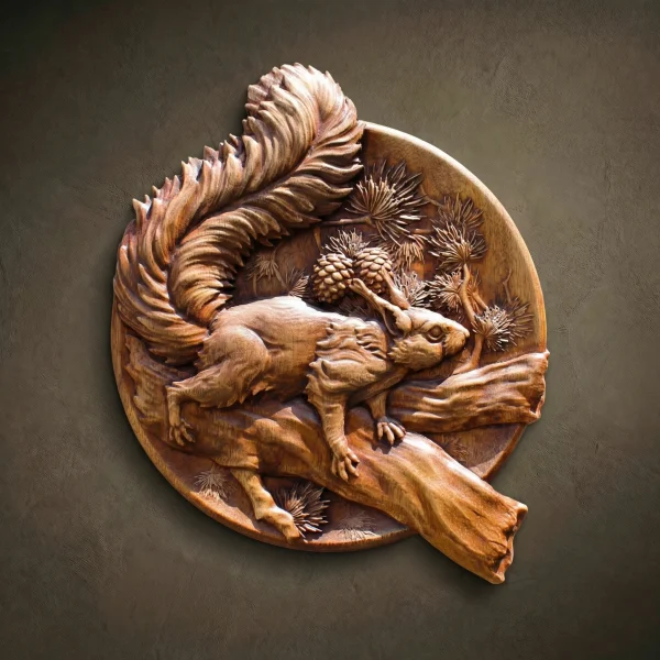 Custom hand-carved Iroko wood round relief sculpture of a Squirrel on a pine branch. This charming wildlife carving depicts a squirrel with a large, bushy tail, holding onto a thick branch with pine cones and needles in the background. The intricate textures of the fur and pine needles are finished with natural oil to highlight the rich, warm wood grain. A premier example of bespoke animal-themed wall art and hand-crafted nature wood carvings.