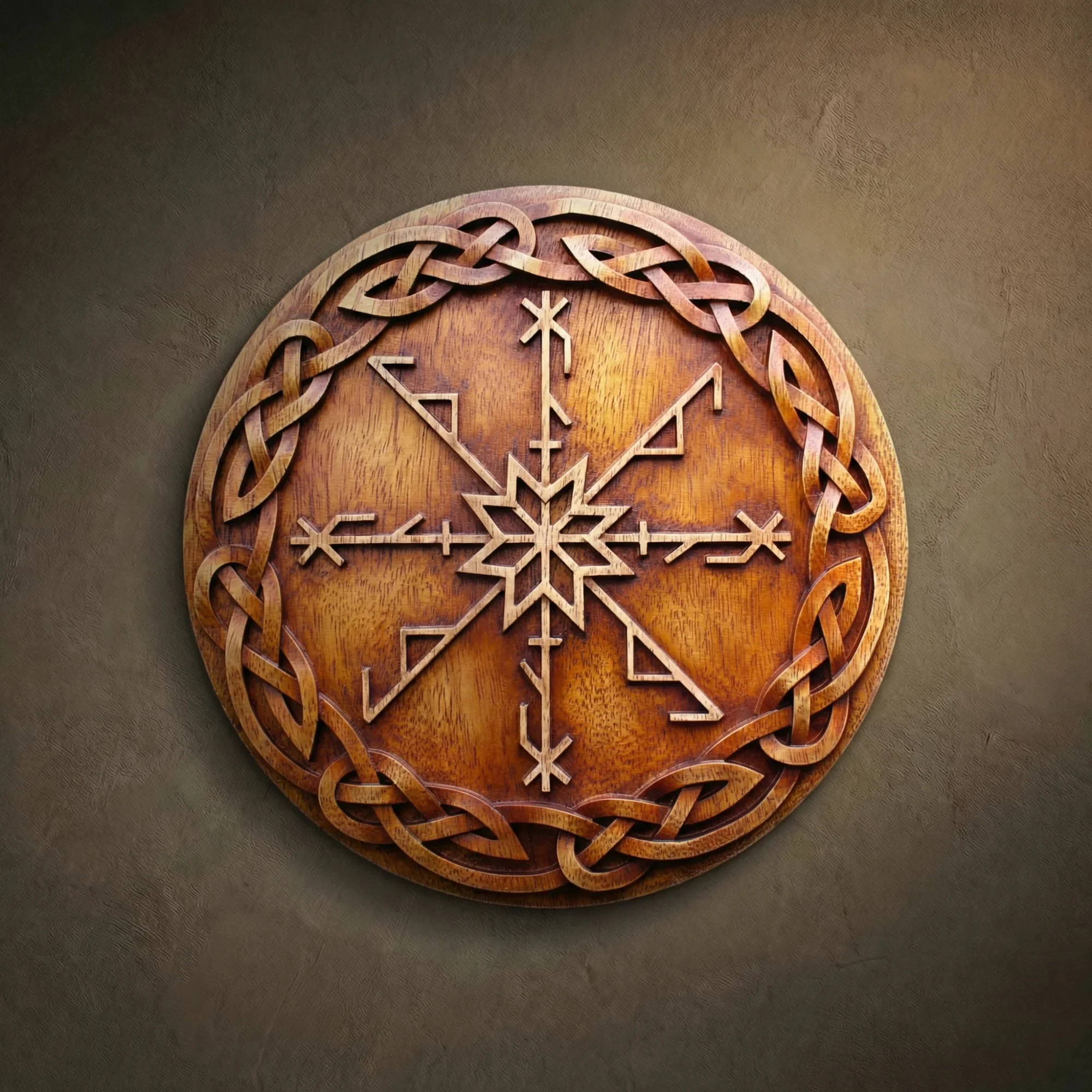 Masterpiece circular wood relief featuring a powerful Cobra Bind Rune designed for protection against negative energy and mirroring it back to the source. Hand-carved from premium Walnut wood by master Oleg Krotko at his Forged in Wood studio. This artisan plaque showcases a central defensive Galdrastafir symbol surrounded by a sophisticated Celtic knotwork border. A luxury symbolic wall sculpture, ideal for home protection, spiritual workspaces, or as a high-end gift for those seeking energetic security and traditional Norse craftsmanship.