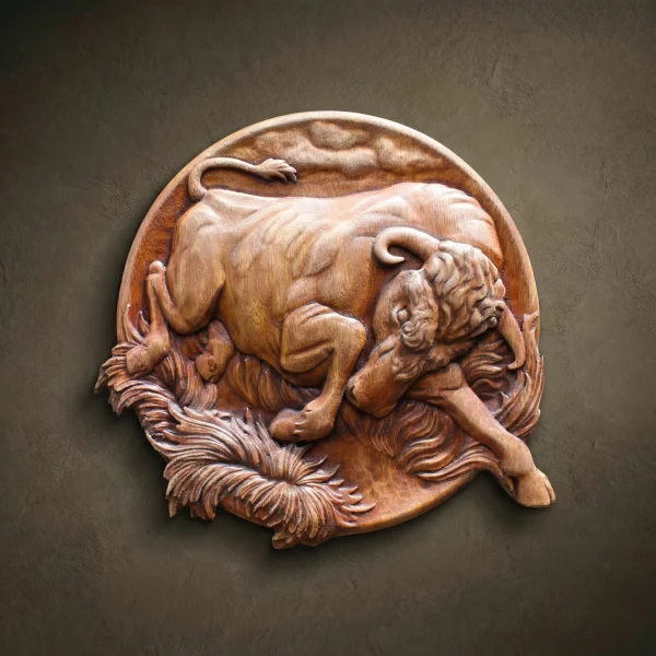 Iroko Wood Bull Carving - Rustic Wildlife Wall Art