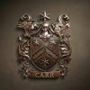 Custom hand-carved Iroko wood family crest for the name "CARR". This bespoke heraldic relief features a dark-toned shield with three six-pointed stars and a chevron, flanked by two ravens or crows. The design includes a knight's helmet and ornate scrollwork mantling. Finished with natural wax to highlight the intricate textures. A premier example of custom-made heritage wall art and luxury personalized wood carvings.