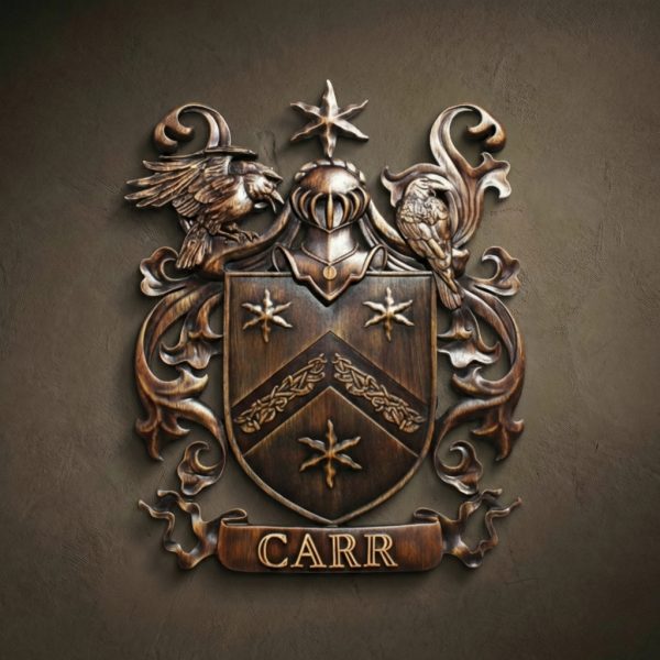 Custom hand-carved Iroko wood family crest for the name "CARR". This bespoke heraldic relief features a dark-toned shield with three six-pointed stars and a chevron, flanked by two ravens or crows. The design includes a knight's helmet and ornate scrollwork mantling. Finished with natural wax to highlight the intricate textures. A premier example of custom-made heritage wall art and luxury personalized wood carvings.
