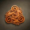 A triangular wood carving of three cats forming a Celtic triskele spiral. The design features flowing, serpentine bodies with curled tails and feline faces meeting at the center. Hand-finished in a warm, polished oak tone with elegant knotwork accents on the edges.