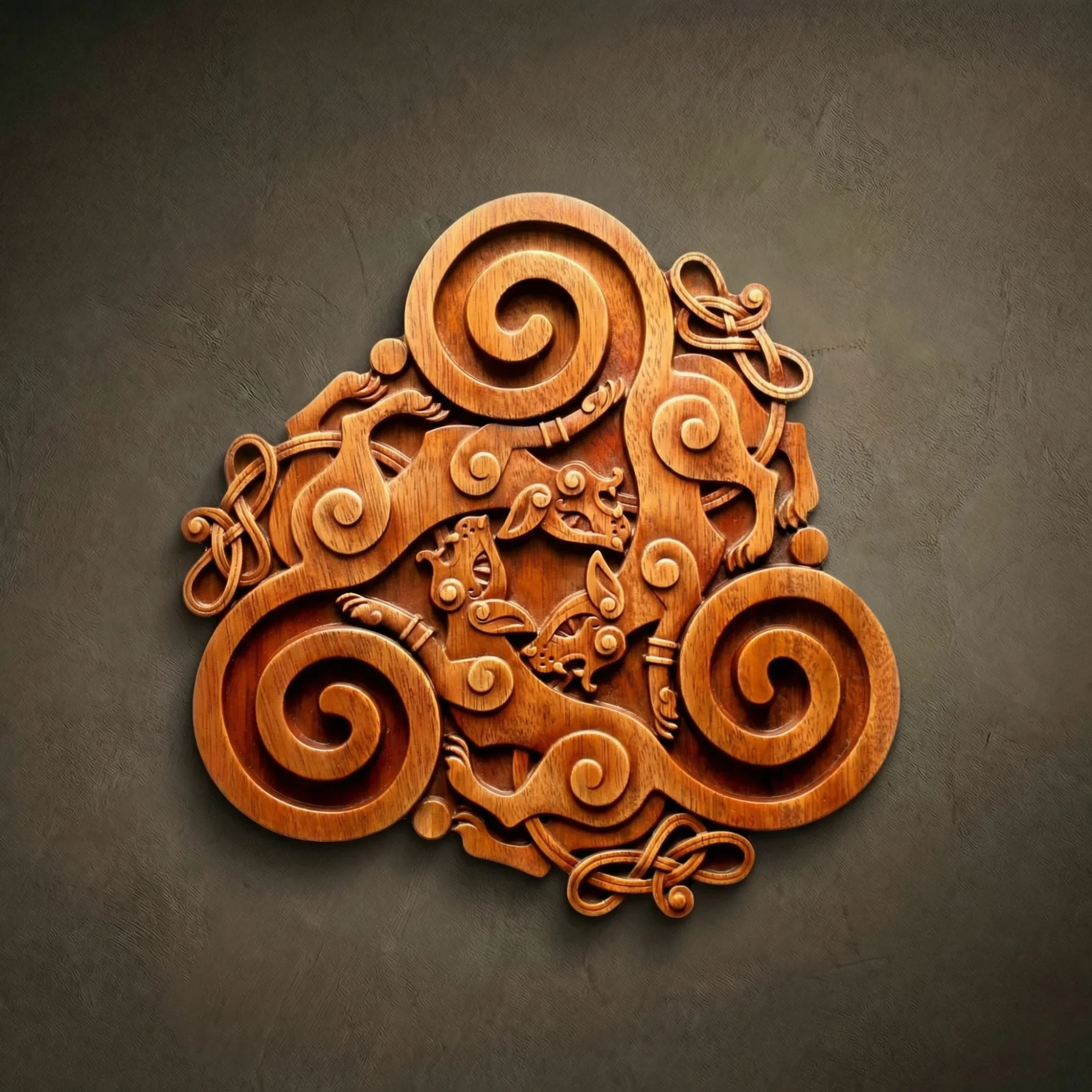 A triangular wood carving of three cats forming a Celtic triskele spiral. The design features flowing, serpentine bodies with curled tails and feline faces meeting at the center. Hand-finished in a warm, polished oak tone with elegant knotwork accents on the edges.