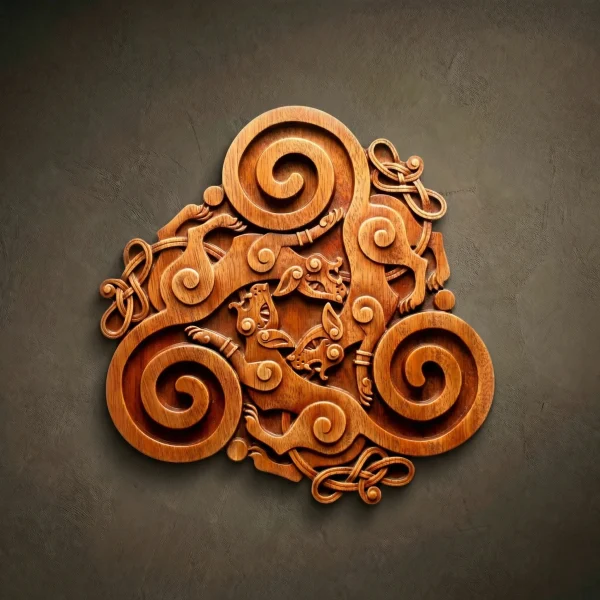 A triangular wood carving of three cats forming a Celtic triskele spiral. The design features flowing, serpentine bodies with curled tails and feline faces meeting at the center. Hand-finished in a warm, polished oak tone with elegant knotwork accents on the edges.