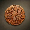 Masterpiece circular wood relief featuring a Triple Cat Triskelion design, hand-carved from premium Walnut wood by master Oleg Krotko at his Forged in Wood studio. This artisan plaque showcases intricate Celtic knotwork and deep-relief textures. A luxury wooden sculpture and symbolic wall art, perfect for high-end interiors and collectors of fine woodcraft.
