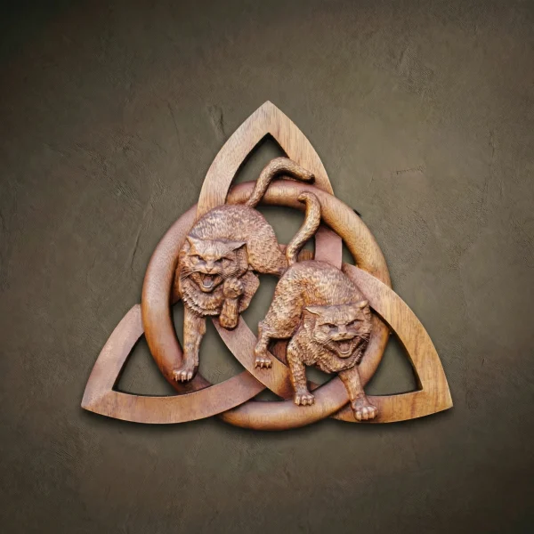 Carved Iroko Wood Cats Plaque - Magic Knot Viking Home Decor