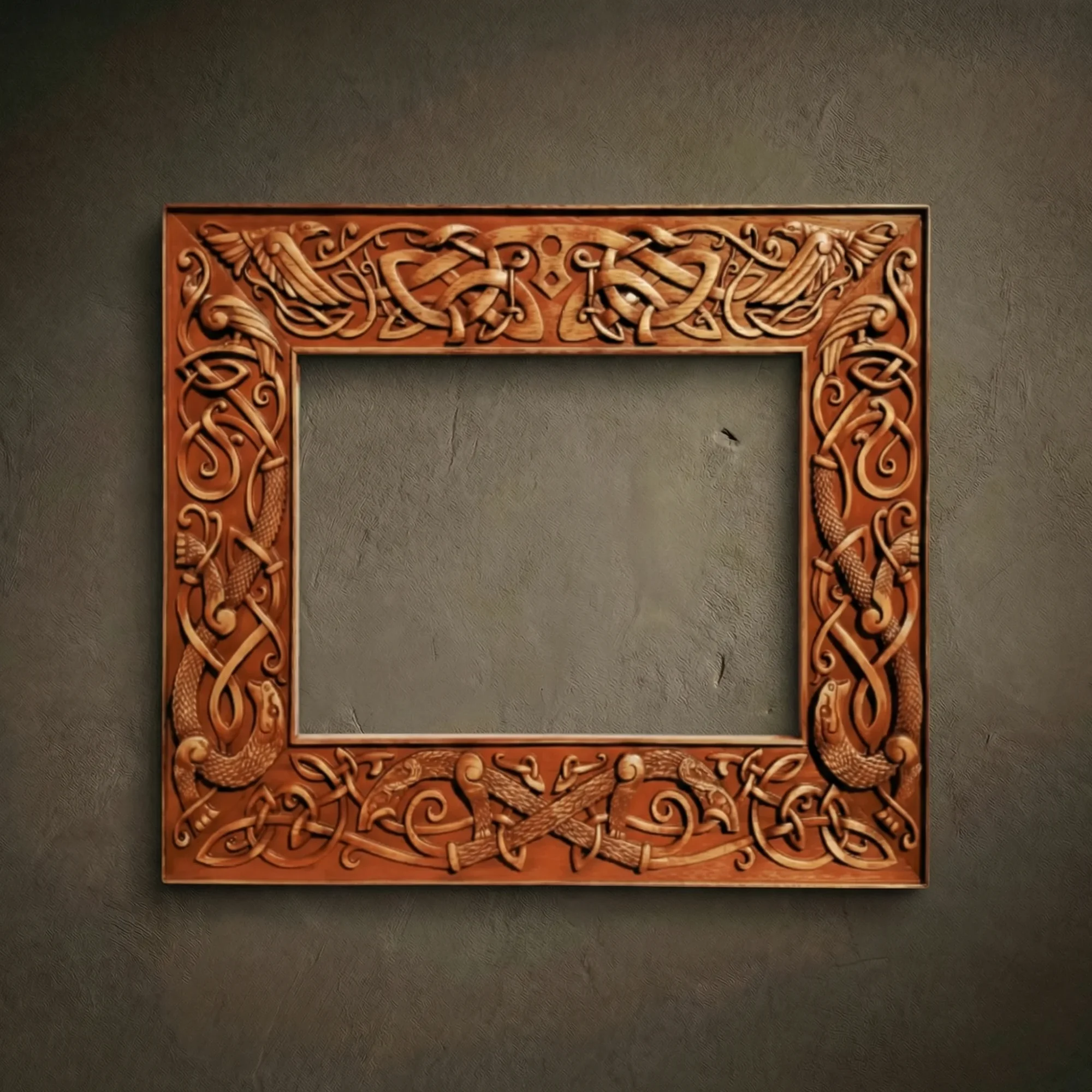 Rectangular masterwork frame hand-carved from solid Iroko hardwood. The design features high-relief Norse mythology motifs, including intertwining serpents with detailed scales and stylized predatory birds at the top corners. Intricate Scandinavian knotwork flows throughout the entire border. Hand-finished with natural oils to highlight the dense grain and rich amber luster of the Iroko wood. A museum-quality architectural piece for luxury mirrors or fine art.