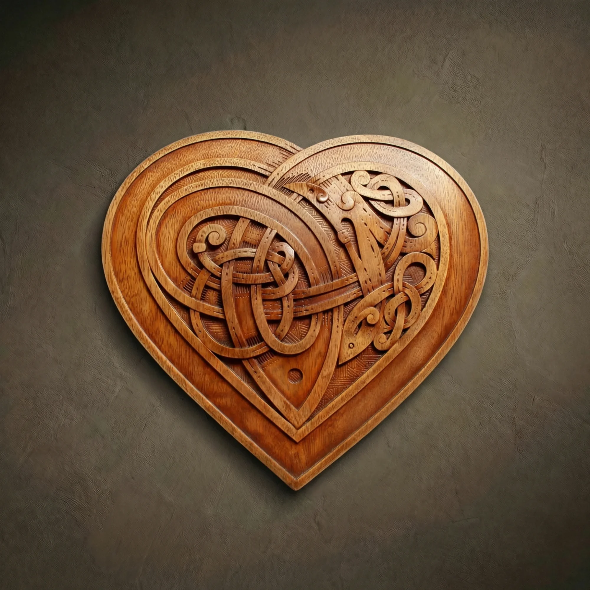Heart-shaped Iroko wood carving featuring a continuous Celtic knotwork pattern. Detailed interlaced lines with a textured background on a solid hardwood plaque. Hand-finished Norse and Celtic inspired wall art with a natural golden-brown wax finish.