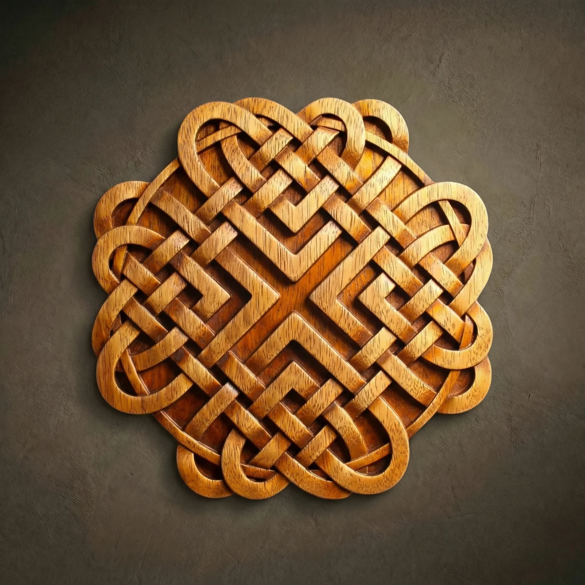 Masterpiece geometric wood relief of an eternal Celtic Knot, hand-carved from premium Iroko wood by master Oleg Krotko at his Forged in Wood studio. This artisan plaque features flawless interlacing lines, deep-relief carving, and a rich natural finish. A luxury symbolic wall sculpture, ideal for high-end minimalist or traditional interiors and collectors of sacred geometry art.