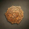 Circular Iroko wood wall plaque featuring the Valknut symbol surrounded by the Fenrir wolf in an intricate Norse knotwork style. Detailed Viking wood carving with interlaced animal patterns and a snarling wolf head. Solid hardwood relief sculpture with natural wood grain finish.
