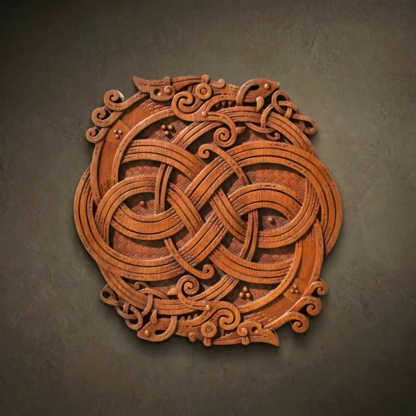 Intricate Iroko wood carving of two interlaced Celtic dragons in Viking Urnes style. Detailed Norse wall art featuring serpentine dragon bodies with fine scale textures and a cross-hatched background. Hand-finished solid hardwood relief sculpture with a rich natural grain and polished wax finish.