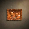 Custom wood carving of two dogs, Iroko wood 3D pet relief in an ornate frame with heart pattern background. Personalized dog portrait titled "Wolf", handcrafted memorial pet gift.