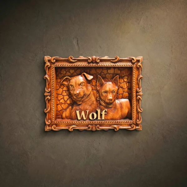 Custom wood carving of two dogs, Iroko wood 3D pet relief in an ornate frame with heart pattern background. Personalized dog portrait titled "Wolf", handcrafted memorial pet gift.