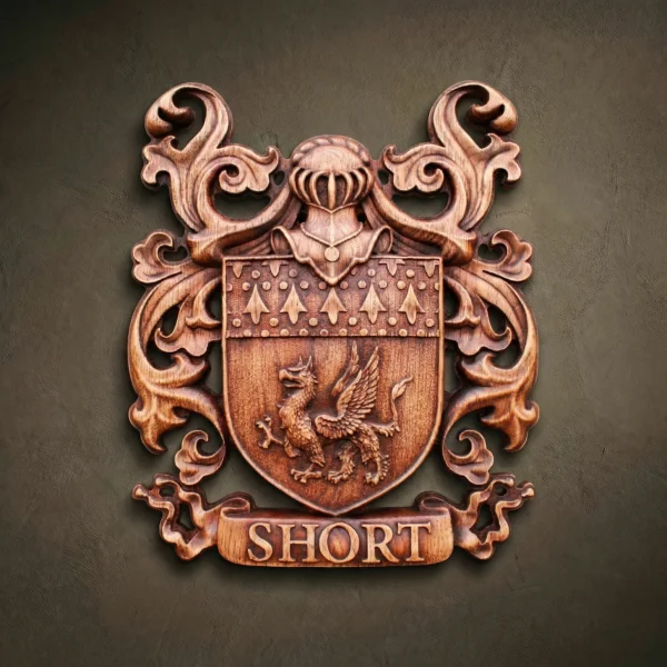 Custom hand-carved Iroko wood family coat of arms. This bespoke heraldic relief features a central shield with a griffin, a knight’s helmet with a decorative crest, and elegant acanthus leaf mantling. A custom name banner at the bottom reads "SHORT". Finished with natural wax to enhance the premium wood grain. High-end personalized wall decor and custom heraldry wood carvings.