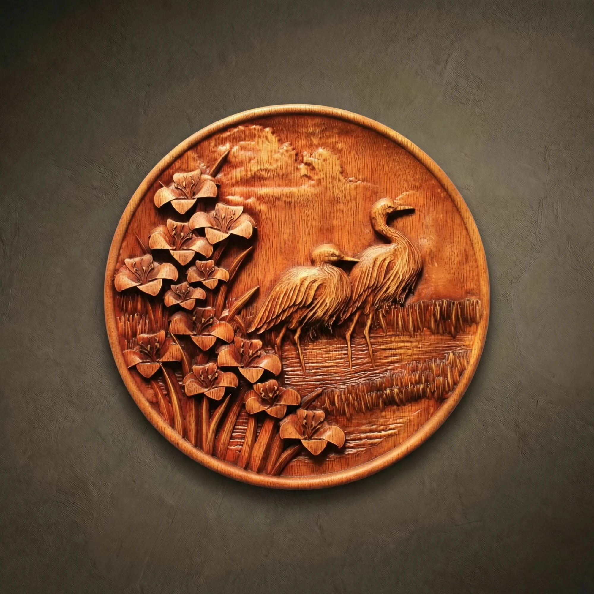 Custom hand-carved Iroko wood round relief sculpture of Cranes in a marshland. This serene wildlife carving features a pair of elegant cranes standing among tall reeds and a lush cluster of blooming lilies. The detailed textures of the feathers and flora are finished with natural oil to emphasize the rich, warm wood grain. A premier example of bespoke avian wall art and custom-made nature carvings for sophisticated interior decor.