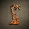 Viking Dragon Longship prow wood carving. Contoured Iroko wood plaque featuring a snarling dragon head and detailed knotwork, handcrafted Norse maritime mythology art with a polished hardwood finish.