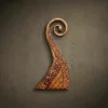 Viking Longship Prow Wood Carving Hand-carved wooden wall relief of a drakkar (longship) prow, featuring a spiraling serpent head. The piece is decorated with dense, intricate Nordic knotwork and scale-like patterns along the curved neck. The warm, polished wood sculpture is displayed against a neutral, textured wall, capturing the craftsmanship of Viking maritime art.