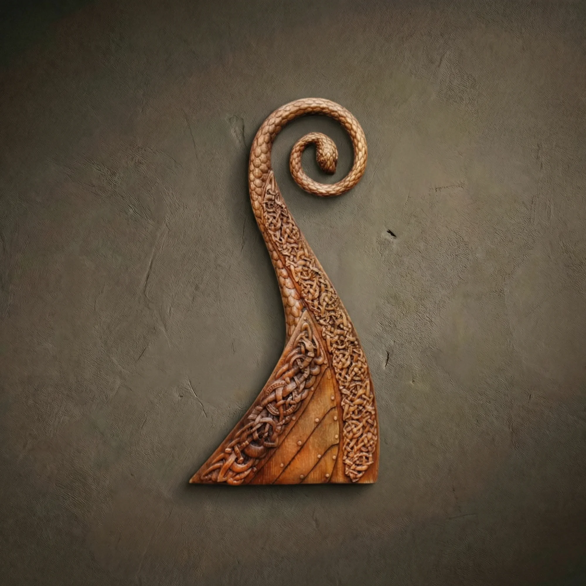 Viking Longship Prow Wood Carving Hand-carved wooden wall relief of a drakkar (longship) prow, featuring a spiraling serpent head. The piece is decorated with dense, intricate Nordic knotwork and scale-like patterns along the curved neck. The warm, polished wood sculpture is displayed against a neutral, textured wall, capturing the craftsmanship of Viking maritime art.