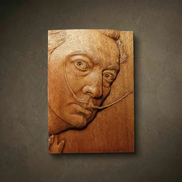 Custom hand-carved Iroko wood relief portrait of Salvador Dali. This highly detailed 3D wood carving captures the iconic artist's expression and famous mustache, finished with natural oil to highlight the rich wood grain. An example of a bespoke artistic portrait and custom wood carving from a photo available for commission.