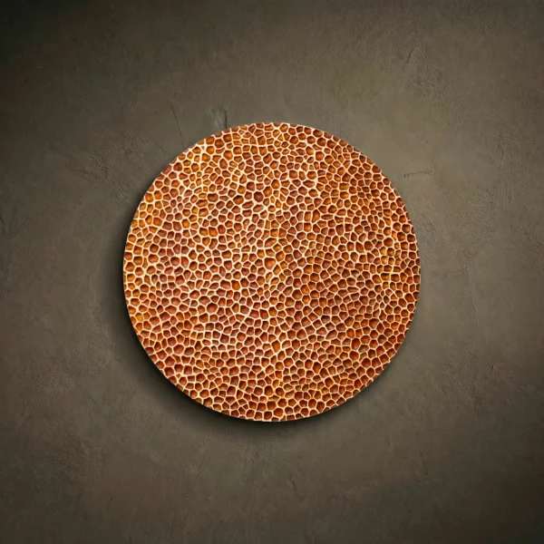 Happiness Frequency contemporary wood carving, circular Iroko wood 3D relief with radiating organic waves and a hollow center. Handcrafted abstract sunburst wall art.