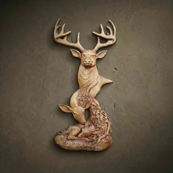 Custom hand-carved Iroko wood vertical relief sculpture of a Deer family. This elegant wildlife carving features a majestic male stag with large antlers towering over a female doe and a sleeping fawn nestled in a bed of autumn leaves. The multi-layered composition is finished with natural oil to highlight the smooth textures and rich wood grain. A premier example of bespoke deer-themed wall art, family-inspired nature decor, and luxury wildlife wood carvings.