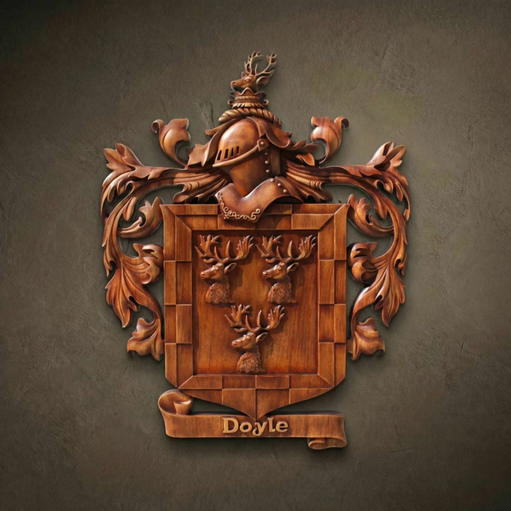 Custom hand-carved Iroko wood family crest for the name "Doyle". This bespoke heraldic wall plaque features a shield with three stag heads, a knight's helmet topped with a small deer figure, and ornate acanthus leaf mantling. Finished with natural wax to accentuate the high-quality wood grain. A premium example of custom-made family heraldry and personalized wooden legacy gifts.