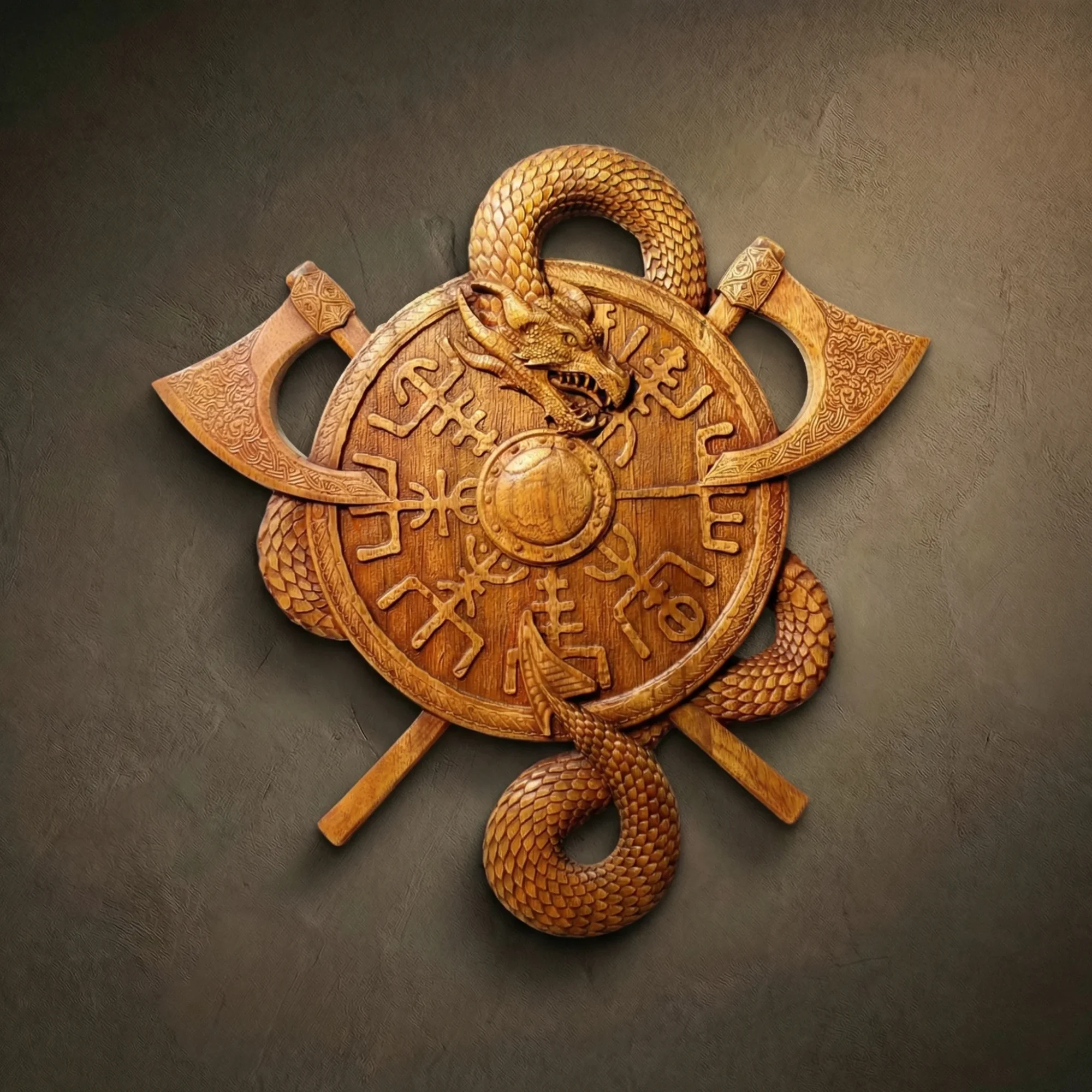 A complex wood carving featuring a Viking shield engraved with a Vegvisir (runic compass), flanked by two crossed bearded axes. A large, scaled dragon body coils around the entire piece, with its head emerging over the shield's center. Hand-finished in a warm oak tone with intricate engraving on the axe blades.