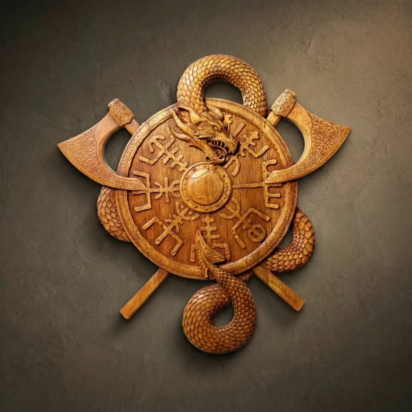 A complex wood carving featuring a Viking shield engraved with a Vegvisir (runic compass), flanked by two crossed bearded axes. A large, scaled dragon body coils around the entire piece, with its head emerging over the shield's center. Hand-finished in a warm oak tone with intricate engraving on the axe blades.