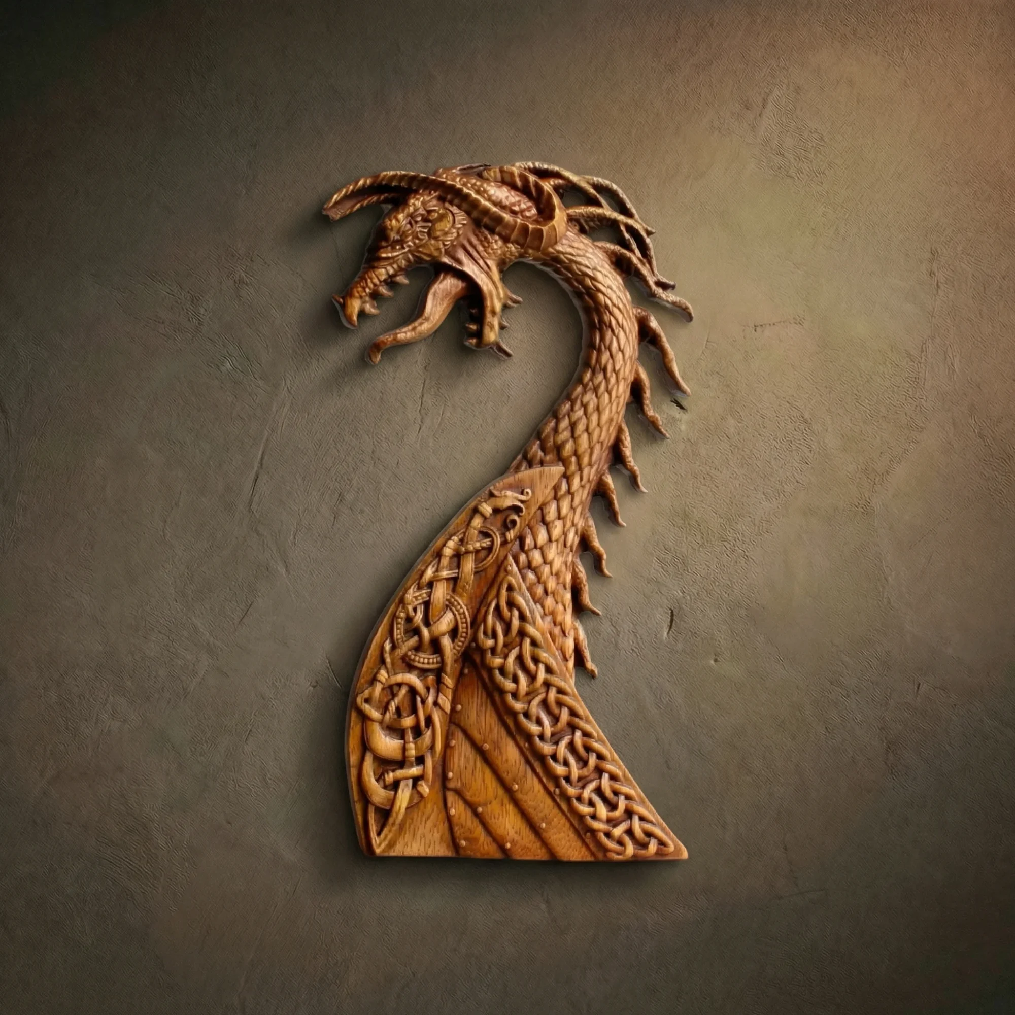 Masterpiece wood carving of a majestic Viking Drakkar dragon prow, hand-sculpted from premium Jatoba wood by master Oleg Krotko at his Forged in Wood studio. This artisan sculpture features a fearsome dragon head with detailed scales and a curved neck adorned with complex Norse knotwork and braided patterns. A luxury piece of maritime Viking art, perfect for high-end nautical interiors, executive offices, or as a statement wall accent for collectors of ancient seafaring history.