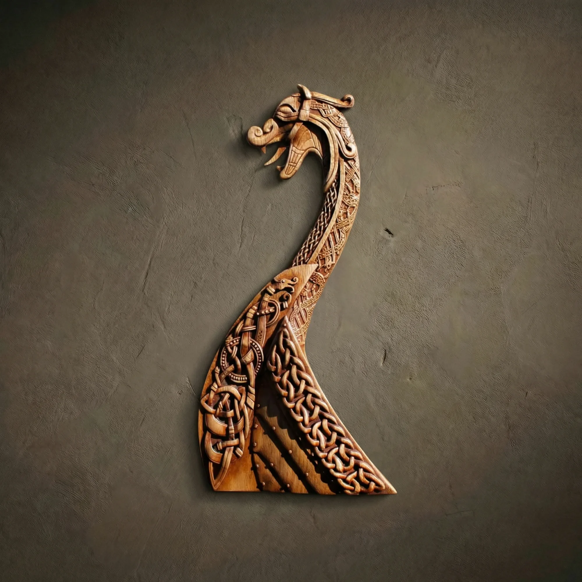 Exquisite hand-carved Walnut wood relief of a Viking Drakkar ship prow with a dragon head. Created by Oleg Krotko for Forged in Wood, this artisan wall sculpture features deep-relief Norse knotwork and museum-quality detail. A premium statement piece for luxury office decor or high-end rustic interiors.