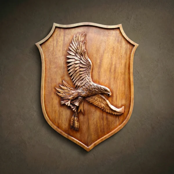 Custom hand-carved Iroko wood heraldic shield featuring a realistic soaring eagle. The majestic bird is depicted in mid-flight, holding grain stalks in its talons. The shield has a simple, elegant border, allowing the detailed wood grain and high-relief carving to stand out. Finished with natural wax for a premium look. A stunning example of nature-themed wooden wall art and bespoke wildlife carving.