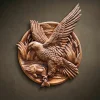 Custom hand-carved Iroko wood round relief sculpture of an Osprey catching a fish. This dynamic wildlife carving captures a powerful hawk or eagle with massive outstretched wings, clutching a large fish in its talons. The scene is set against a backdrop of reeds and water, finished with natural oil to highlight the intricate feather textures and rich wood grain. A premier example of bespoke bird of prey wall art and custom-made nature wood carvings.