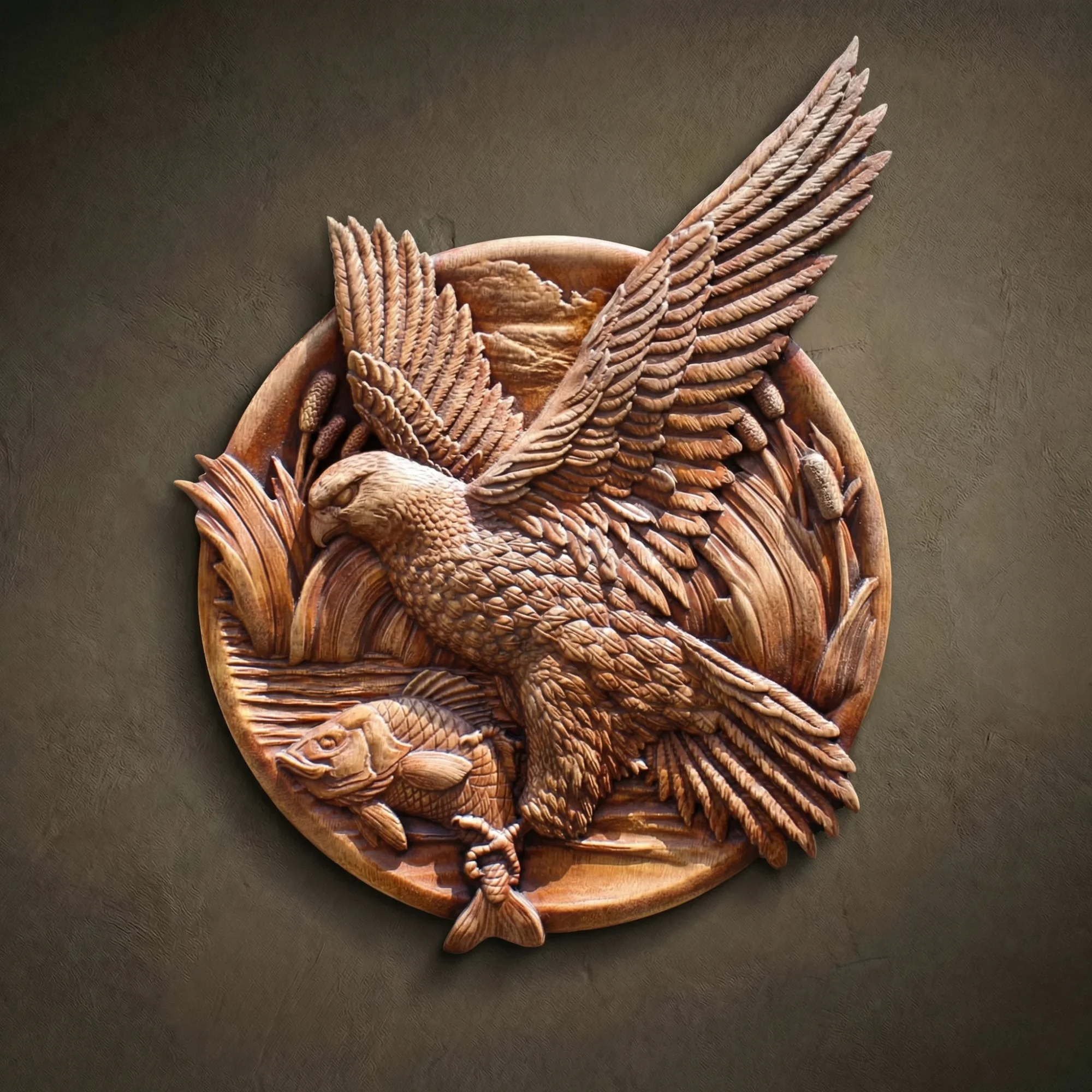 Custom hand-carved Iroko wood round relief sculpture of an Osprey catching a fish. This dynamic wildlife carving captures a powerful hawk or eagle with massive outstretched wings, clutching a large fish in its talons. The scene is set against a backdrop of reeds and water, finished with natural oil to highlight the intricate feather textures and rich wood grain. A premier example of bespoke bird of prey wall art and custom-made nature wood carvings.