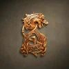 Stylized wood carving of the wolf Fenrir in a traditional Norse dragon-knot style. The piece features intricate interlocking Celtic-style patterns forming the body of the wolf, which is depicted with an open jaw and sharp teeth. The polished wood relief showcases classic Viking-age aesthetic curves and symmetry.