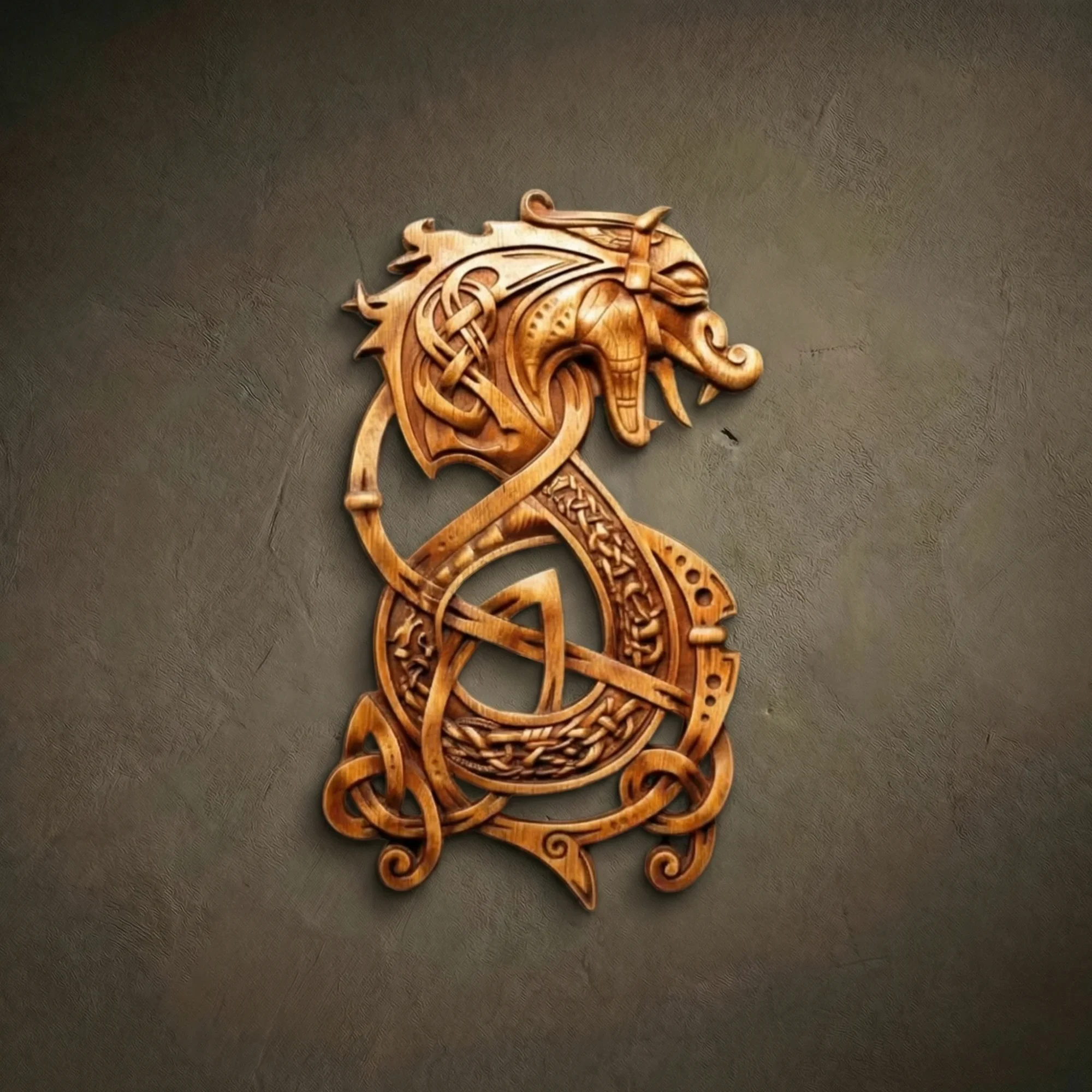 Stylized wood carving of the wolf Fenrir in a traditional Norse dragon-knot style. The piece features intricate interlocking Celtic-style patterns forming the body of the wolf, which is depicted with an open jaw and sharp teeth. The polished wood relief showcases classic Viking-age aesthetic curves and symmetry.