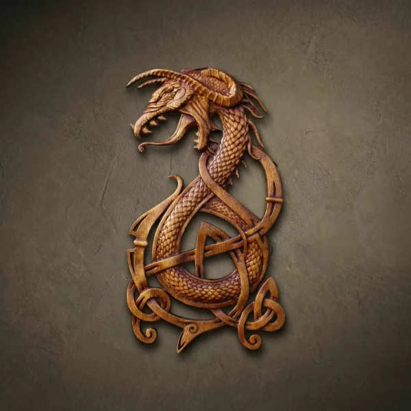 Hand-carved vertical wood relief of a Norse Dragon, styled after the Great Serpent motifs, created from solid Iroko wood by Oleg Krotko at his Forged in Wood studio. The sculpture features a sinuous, coiled body in the historical Urnes art style, with detailed scale textures, curved horns, and elegant knotwork loops. A professional wood carving for interior wall decor, suited for collectors of Viking mythology and high-end artisan woodcraft.
