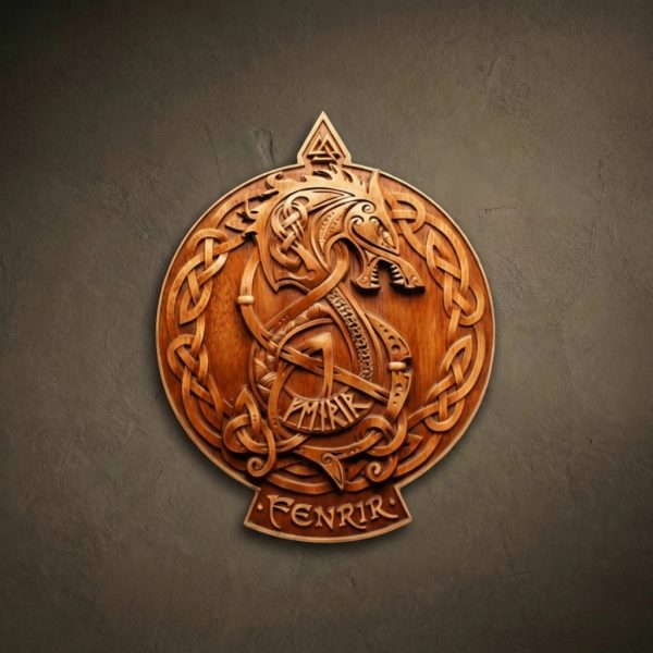 A circular wood relief carving of the wolf Fenrir in a coiled, serpentine pose. The central figure is surrounded by a thick Celtic knotwork border and features a Valknut symbol at the top. The wolf’s body is detailed with runic patterns and the name "FENRIR" is engraved at the base. Finished in a warm, polished honey-oak stain.